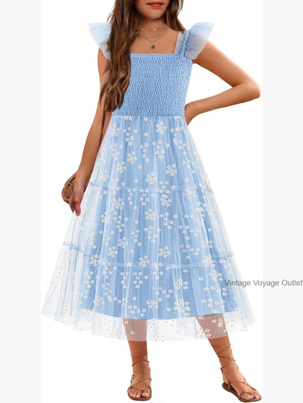 Tween Girls Ruffle Sleeve Smocked A-Line Tulle Summer Long Party Dress